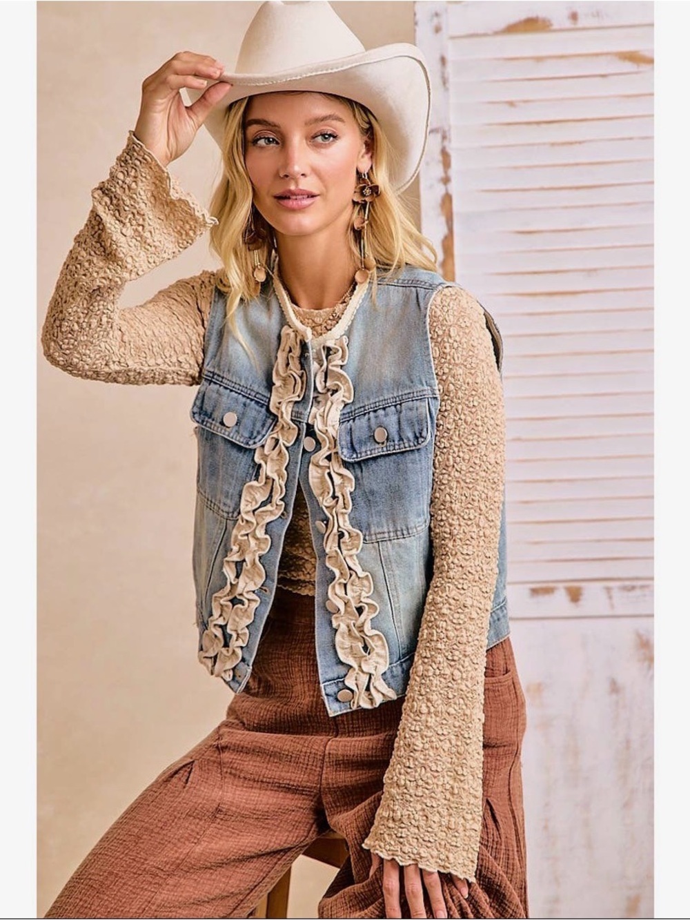 Beige brown floral mesh layer scalloped embroidered stitch tunic top shirt